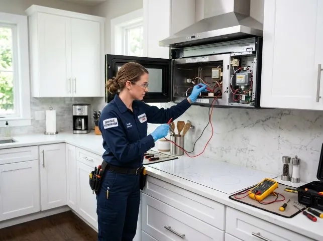 Appliance Repair Hero technician testing an over-the-range microwave in a Brodhead, WI kitchen
